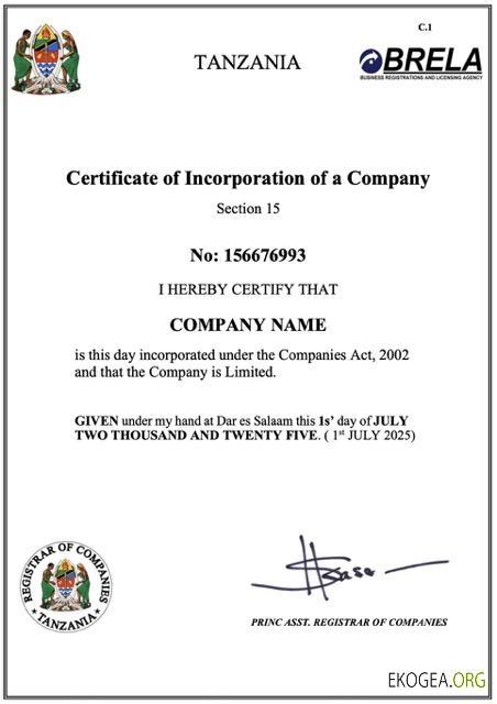 Modèle Word et PDF de certificat de constitution de société en Tanzanie